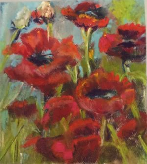 Flower pastel6.5 x 7.5 inches on Canson pastel paper 19"x12" Poppy field pastel painting