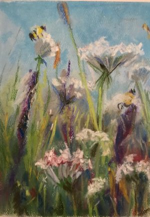 Flower pastel 6.5 x 7.5 inches on Canson pastel paper 19"x12" wildflower field pastel painting